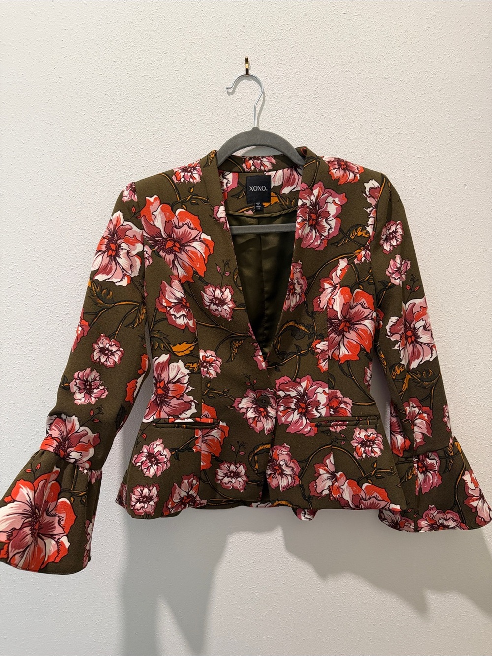 XOXO Olive Floral Peplum Blazer - Pink & Red Flowers